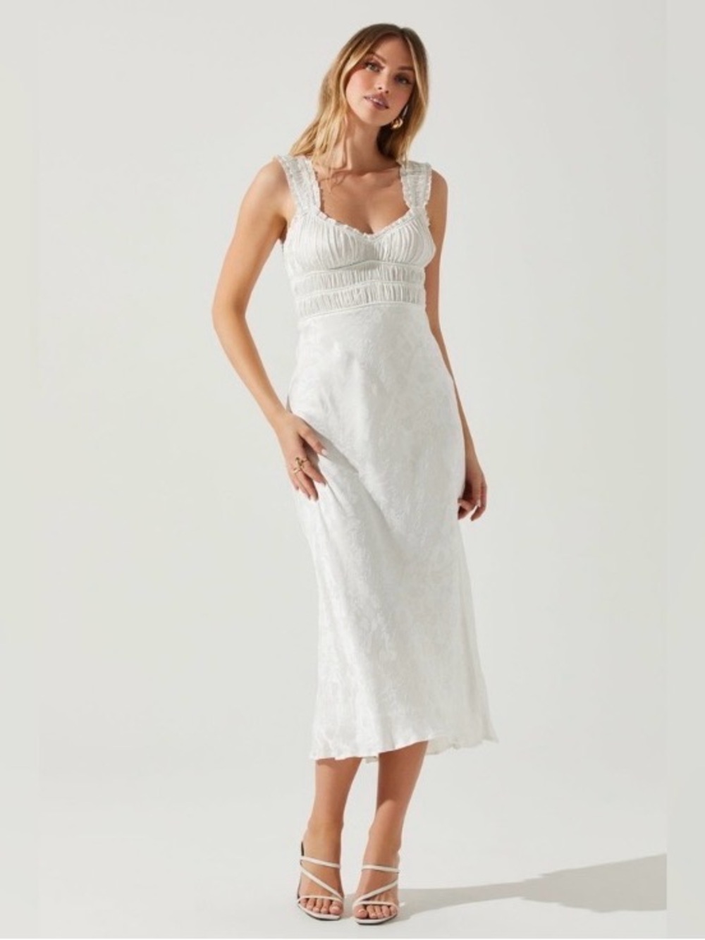 ASTR the Label Enola Satin Smocked Midi Dress, White Floral, Women’s Size Medium